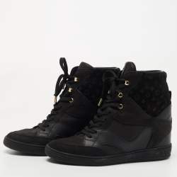 Pre Owned Louis Vuitton Black Leather and Embossed Monogram Suede Millenium Wedge Sneakers Size 37.5