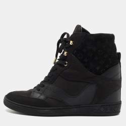 Pre Owned Louis Vuitton Black Leather and Embossed Monogram Suede Millenium Wedge Sneakers Size 37.5