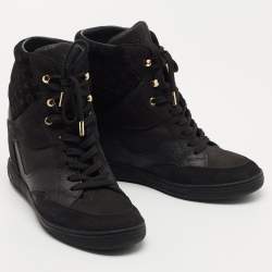 Pre Owned Louis Vuitton Black Leather and Embossed Monogram Suede Millenium Wedge Sneakers Size 37.5