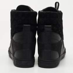 Pre Owned Louis Vuitton Black Leather and Embossed Monogram Suede Millenium Wedge Sneakers Size 37.5
