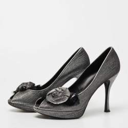 Louis Vuitton Metallic Grey/Black Lurex Fabric Floral Peep Toe Pumps Size 38