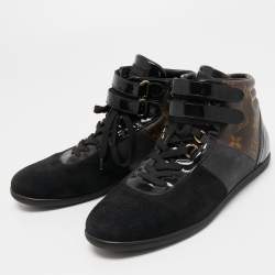 Louis Vuitton Black/Brown Suede, Patent Leather and Monogram Canvas Move Up Sneakers Size 38