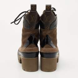 Pre Owned Louis Vuitton Brown Suede and Monogram Canvas Laureate Ankle Boots Size 36