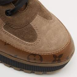 Pre Owned Louis Vuitton Brown Suede and Monogram Canvas Laureate Ankle Boots Size 36
