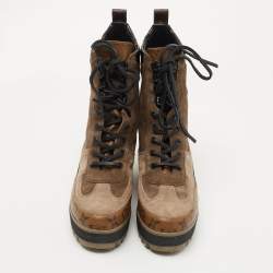 Pre Owned Louis Vuitton Brown Suede and Monogram Canvas Laureate Ankle Boots Size 36