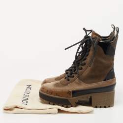 Pre Owned Louis Vuitton Brown Suede and Monogram Canvas Laureate Ankle Boots Size 36