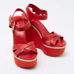 Louis Vuitton Red Leather  Platform Ankle Strap Sandals Size 36
