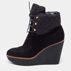 Pre Owned Louis Vuitton Black Suede Monogram Wedges Ankle Boots Size 40.5