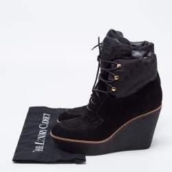 Pre Owned Louis Vuitton Black Suede Monogram Wedges Ankle Boots Size 40.5