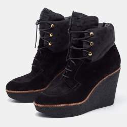 Pre Owned Louis Vuitton Black Suede Monogram Wedges Ankle Boots Size 40.5