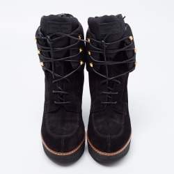 Pre Owned Louis Vuitton Black Suede Monogram Wedges Ankle Boots Size 40.5