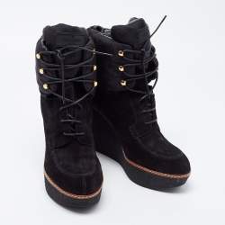 Pre Owned Louis Vuitton Black Suede Monogram Wedges Ankle Boots Size 40.5