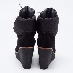 Pre Owned Louis Vuitton Black Suede Monogram Wedges Ankle Boots Size 40.5