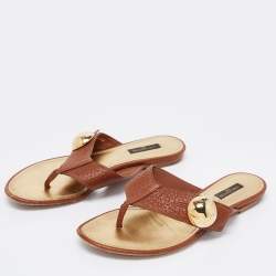 Louis Vuitton Brown Leather Studded Thong Flats Size 38