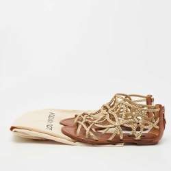 Pre Owned Louis Vuitton Gold/Brown Leather Strappy Flat Sandals Size 36.5