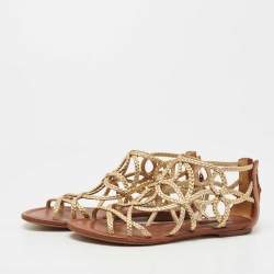 Pre Owned Louis Vuitton Gold/Brown Leather Strappy Flat Sandals Size 36.5