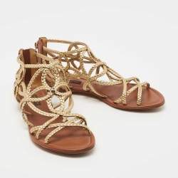 Pre Owned Louis Vuitton Gold/Brown Leather Strappy Flat Sandals Size 36.5