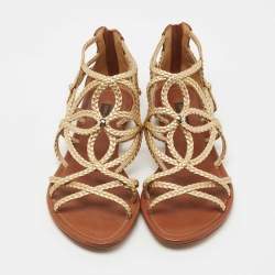 Pre Owned Louis Vuitton Gold/Brown Leather Strappy Flat Sandals Size 36.5
