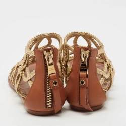 Pre Owned Louis Vuitton Gold/Brown Leather Strappy Flat Sandals Size 36.5