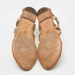 Pre Owned Louis Vuitton Gold/Brown Leather Strappy Flat Sandals Size 36.5