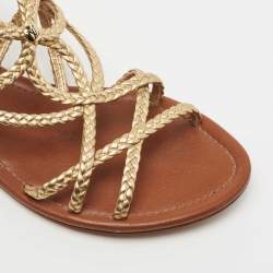 Pre Owned Louis Vuitton Gold/Brown Leather Strappy Flat Sandals Size 36.5