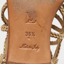 Pre Owned Louis Vuitton Gold/Brown Leather Strappy Flat Sandals Size 36.5