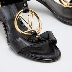 Louis Vuitton Black Patent Leather Block Heel Slide Sandals Size 36