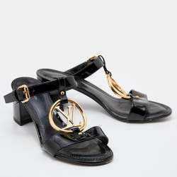 Louis Vuitton Black Patent Leather Block Heel Slide Sandals Size 36