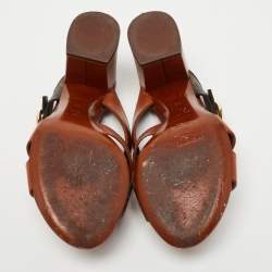 Pre Owned Louis Vuitton Brown Leather and Monogram Canvas Slide Sandals Size 36