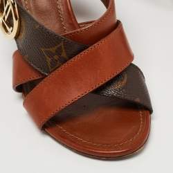 Pre Owned Louis Vuitton Brown Leather and Monogram Canvas Slide Sandals Size 36