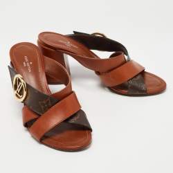 Pre Owned Louis Vuitton Brown Leather and Monogram Canvas Slide Sandals Size 36