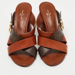 Pre Owned Louis Vuitton Brown Leather and Monogram Canvas Slide Sandals Size 36