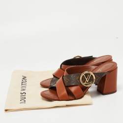 Pre Owned Louis Vuitton Brown Leather and Monogram Canvas Slide Sandals Size 36