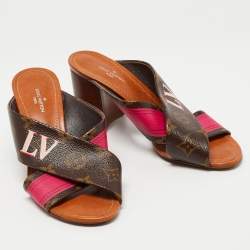 Pre Owned Louis Vuitton Brown/Pink Monogram Canvas Panorama Slide Sandals Size 35
