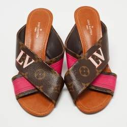 Pre Owned Louis Vuitton Brown/Pink Monogram Canvas Panorama Slide Sandals Size 35