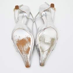 Pre Owned Louis Vuitton Silver Python Embossed Leather LV Logo Embellished Slingback Pumps Size 38.5