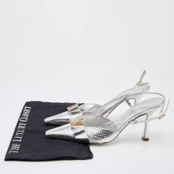 Pre Owned Louis Vuitton Silver Python Embossed Leather LV Logo Embellished Slingback Pumps Size 38.5