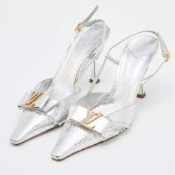 Pre Owned Louis Vuitton Silver Python Embossed Leather LV Logo Embellished Slingback Pumps Size 38.5