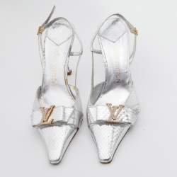 Pre Owned Louis Vuitton Silver Python Embossed Leather LV Logo Embellished Slingback Pumps Size 38.5