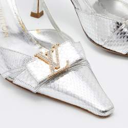 Pre Owned Louis Vuitton Silver Python Embossed Leather LV Logo Embellished Slingback Pumps Size 38.5