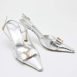 Pre Owned Louis Vuitton Silver Python Embossed Leather LV Logo Embellished Slingback Pumps Size 38.5