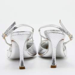 Pre Owned Louis Vuitton Silver Python Embossed Leather LV Logo Embellished Slingback Pumps Size 38.5