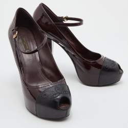 Pre Owned Louis Vuitton Burgundy/Black Patent Leather Ankle Strap Platform Pumps Size 39.5