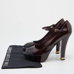 Pre Owned Louis Vuitton Burgundy/Black Patent Leather Ankle Strap Platform Pumps Size 39.5