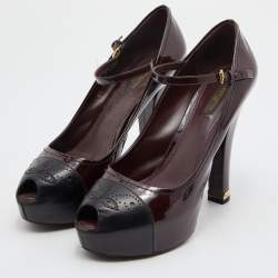 Pre Owned Louis Vuitton Burgundy/Black Patent Leather Ankle Strap Platform Pumps Size 39.5