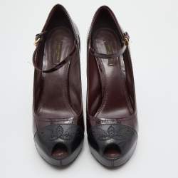 Pre Owned Louis Vuitton Burgundy/Black Patent Leather Ankle Strap Platform Pumps Size 39.5