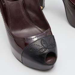 Pre Owned Louis Vuitton Burgundy/Black Patent Leather Ankle Strap Platform Pumps Size 39.5