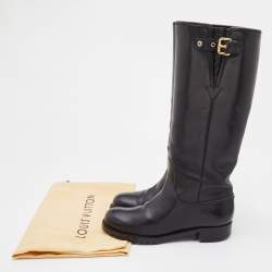 Pre Owned Louis Vuitton Black Leather Buckle Detail Calf Length Boots Size 38