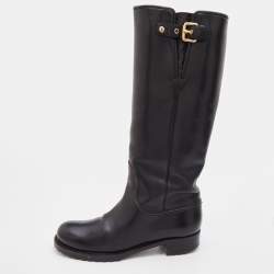 Pre Owned Louis Vuitton Black Leather Buckle Detail Calf Length Boots Size 38