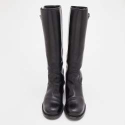 Pre Owned Louis Vuitton Black Leather Buckle Detail Calf Length Boots Size 38